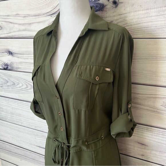Bebe Army Green Button Down Tie Waist Shirt Dress - Picture 2 of 7